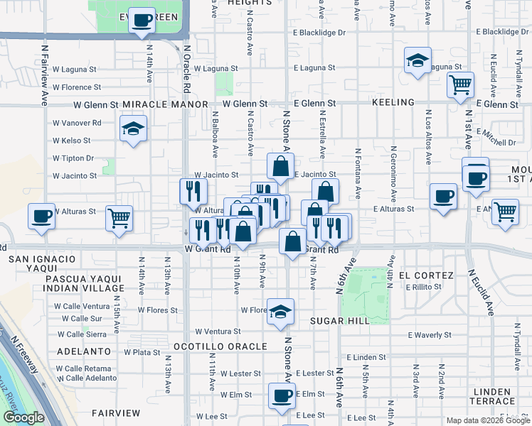 map of restaurants, bars, coffee shops, grocery stores, and more near 119 W Alturas St in Tucson