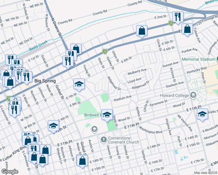 map of restaurants, bars, coffee shops, grocery stores, and more near 627 State Street in Big Spring