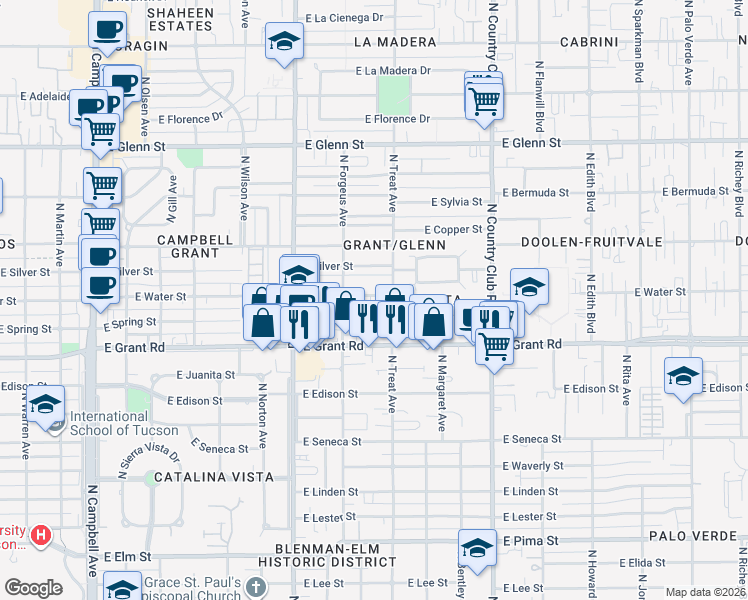 map of restaurants, bars, coffee shops, grocery stores, and more near 2710 East Water Street in Tucson