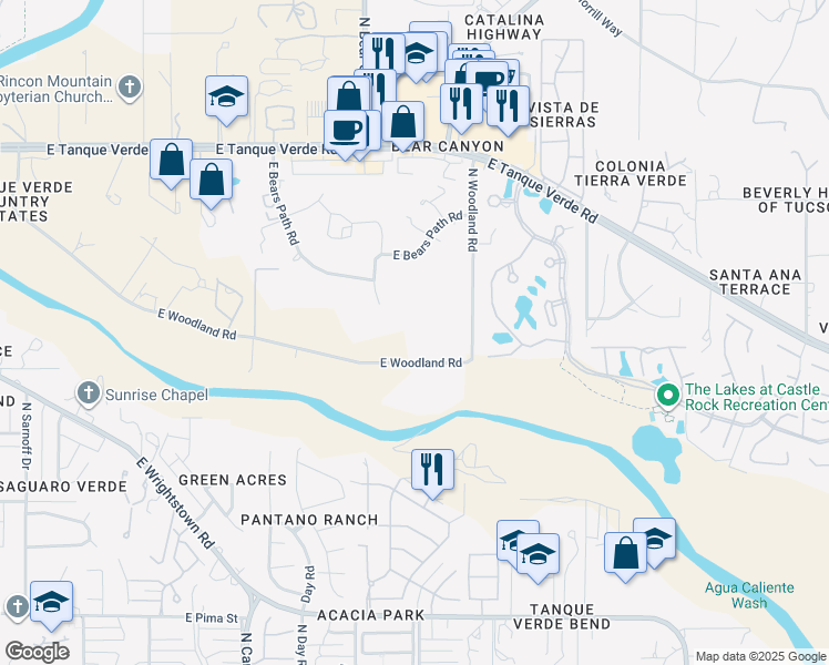 map of restaurants, bars, coffee shops, grocery stores, and more near 8959 East Woodland Road in Tucson