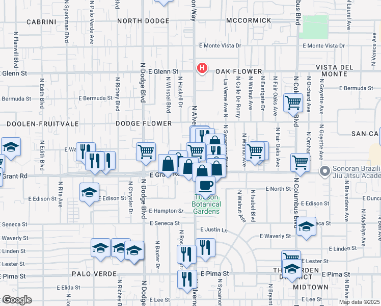map of restaurants, bars, coffee shops, grocery stores, and more near 2457 North Alvernon Way in Tucson