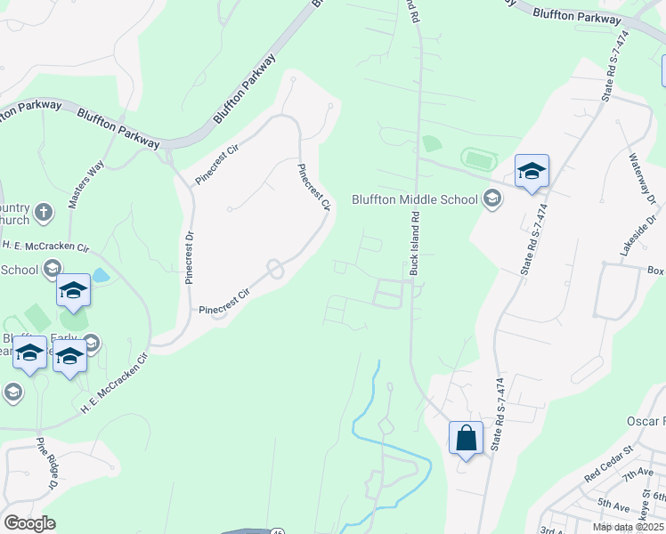 map of restaurants, bars, coffee shops, grocery stores, and more near 25 Ironwood Circle in Bluffton
