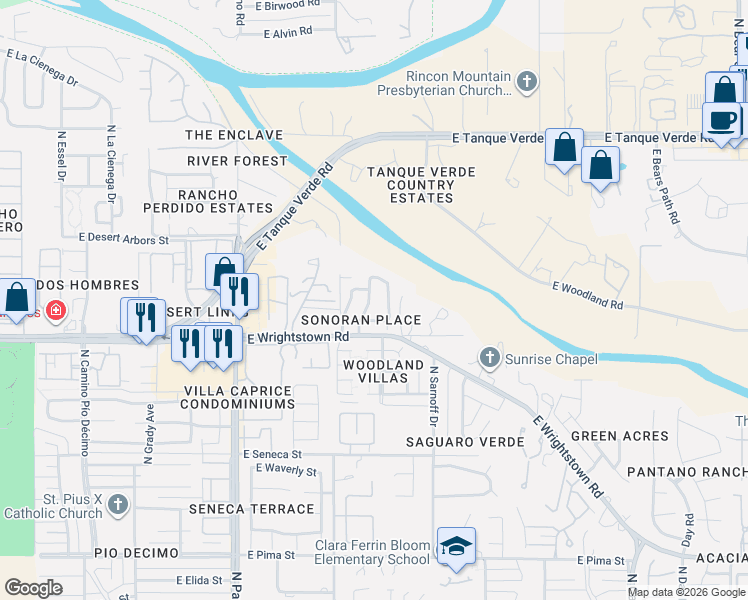 map of restaurants, bars, coffee shops, grocery stores, and more near 2417 North Quesnel Loop in Tucson