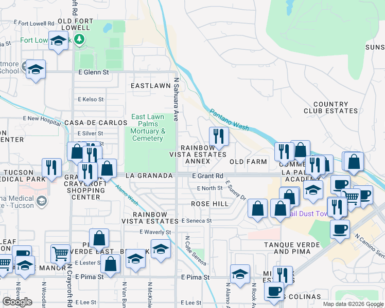 map of restaurants, bars, coffee shops, grocery stores, and more near 2422 North Sonoita Place in Tucson