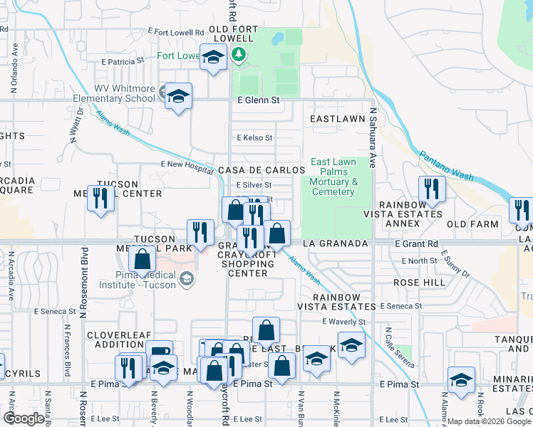 map of restaurants, bars, coffee shops, grocery stores, and more near 5622 East Spring Street in Tucson