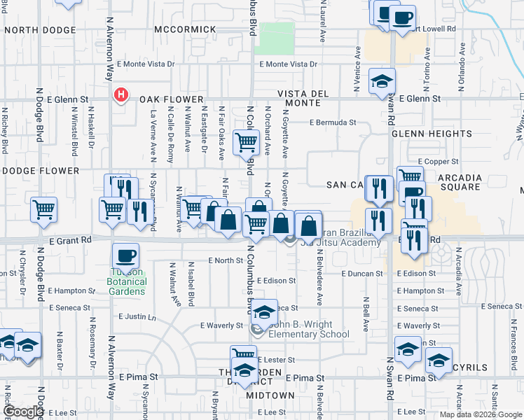 map of restaurants, bars, coffee shops, grocery stores, and more near 2432 North Columbus Boulevard in Tucson