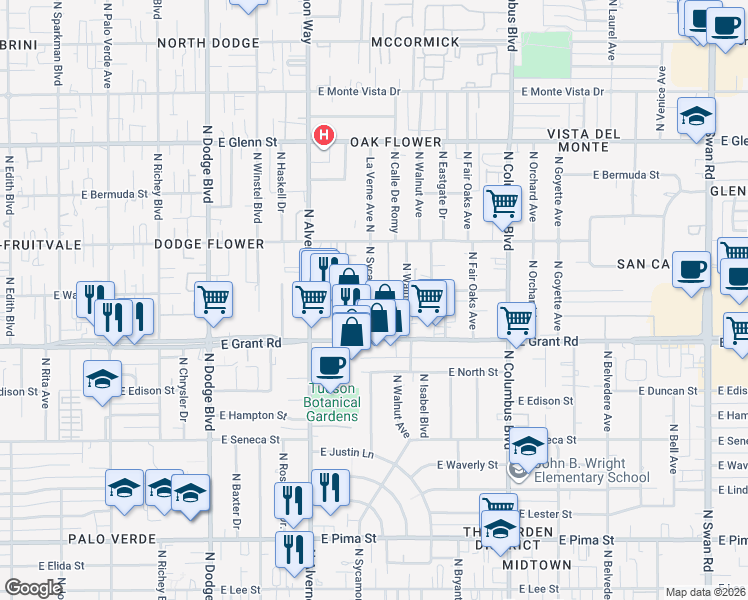 map of restaurants, bars, coffee shops, grocery stores, and more near 2430 North Sycamore Boulevard in Tucson