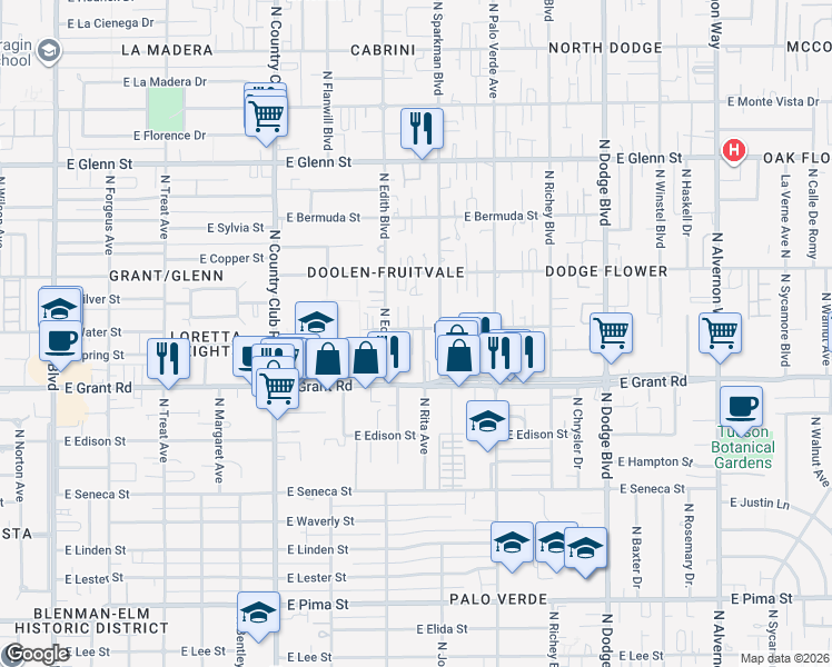 map of restaurants, bars, coffee shops, grocery stores, and more near 2462 North Edith Boulevard in Tucson