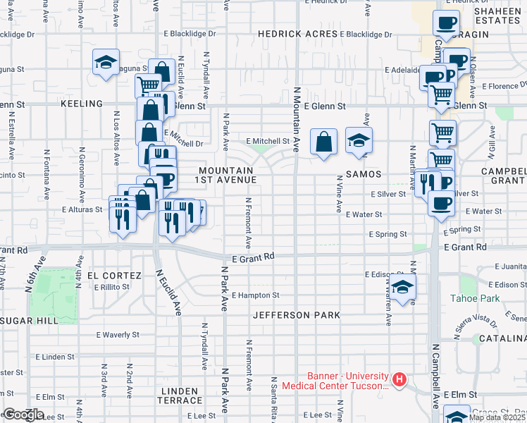map of restaurants, bars, coffee shops, grocery stores, and more near 1100 East Winnie Place in Tucson