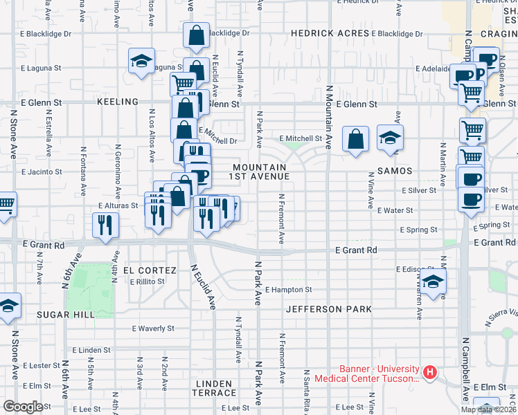 map of restaurants, bars, coffee shops, grocery stores, and more near 1010 East Water Street in Tucson