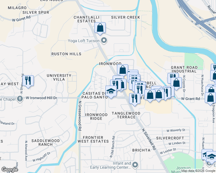 map of restaurants, bars, coffee shops, grocery stores, and more near 2442 North Ironwood Ridge Drive in Tucson