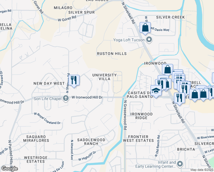 map of restaurants, bars, coffee shops, grocery stores, and more near 2550 West Ironwood Hill Drive in Tucson