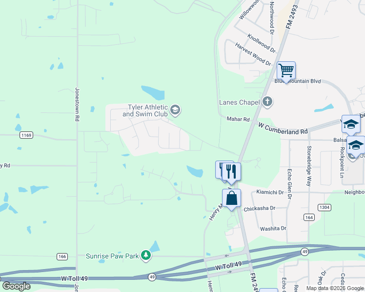 map of restaurants, bars, coffee shops, grocery stores, and more near 2660 Barton Creek Circle in Tyler