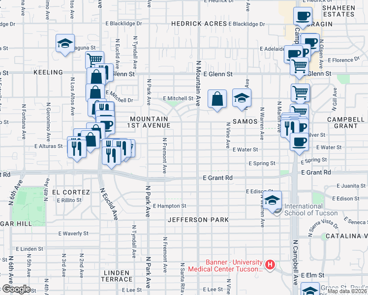 map of restaurants, bars, coffee shops, grocery stores, and more near 1210 East Water Street in Tucson