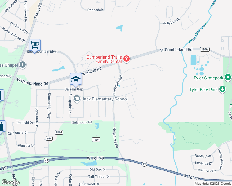 map of restaurants, bars, coffee shops, grocery stores, and more near 7603 Cherryhill Drive in Tyler