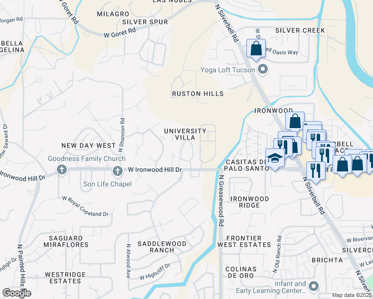 map of restaurants, bars, coffee shops, grocery stores, and more near 2600 West Ironwood Hill Drive in Tucson