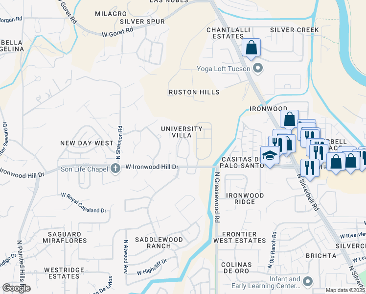map of restaurants, bars, coffee shops, grocery stores, and more near 2600 West Ironwood Hill Drive in Tucson