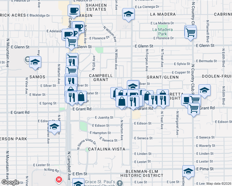 map of restaurants, bars, coffee shops, grocery stores, and more near 2350 East Water Street in Tucson