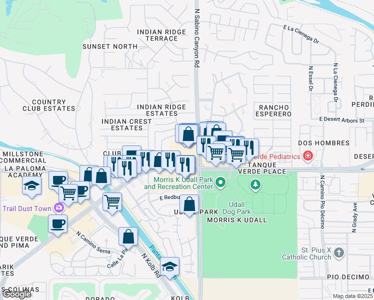 map of restaurants, bars, coffee shops, grocery stores, and more near 7017 E Tanque Verde Rd in Tucson