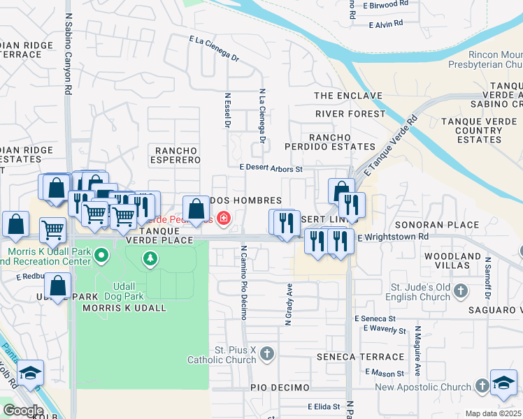 map of restaurants, bars, coffee shops, grocery stores, and more near 7671 East Tanque Verde Road in Tucson