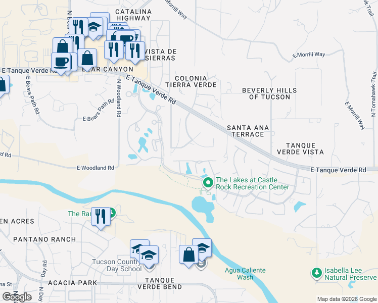 map of restaurants, bars, coffee shops, grocery stores, and more near 9401 East Star Water Drive in Tucson