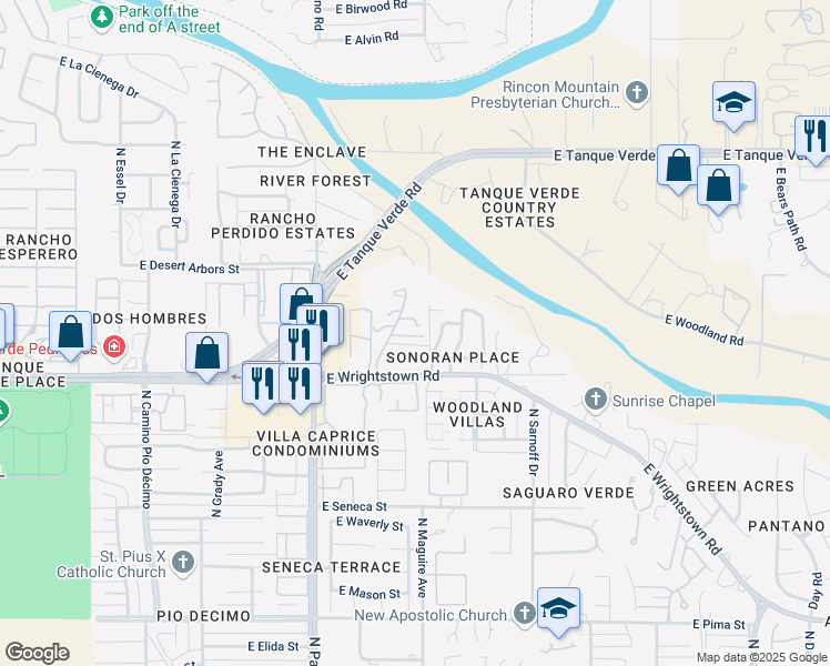 map of restaurants, bars, coffee shops, grocery stores, and more near 2434 North Shade Tree Lane in Tucson