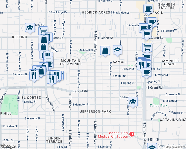 map of restaurants, bars, coffee shops, grocery stores, and more near 1210 East Water Street in Tucson