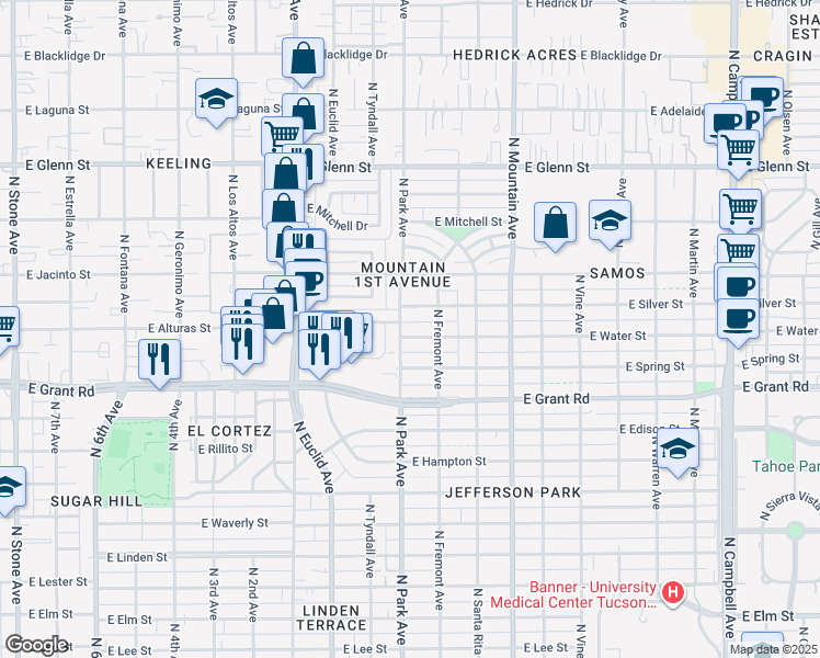 map of restaurants, bars, coffee shops, grocery stores, and more near 1010 East Water Street in Tucson