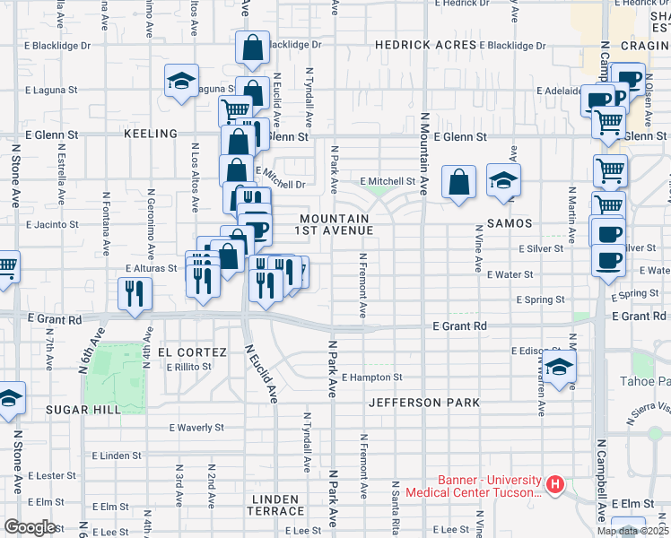 map of restaurants, bars, coffee shops, grocery stores, and more near 1010 East Water Street in Tucson