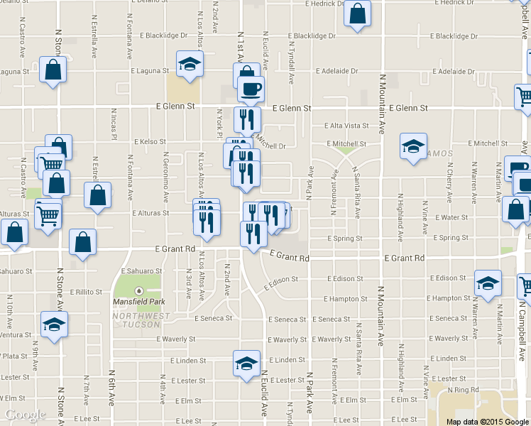 map of restaurants, bars, coffee shops, grocery stores, and more near 818 East Water Street in Tucson