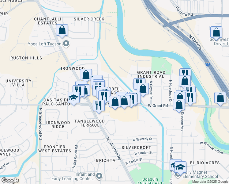 map of restaurants, bars, coffee shops, grocery stores, and more near 2001 West Spring Street in Tucson