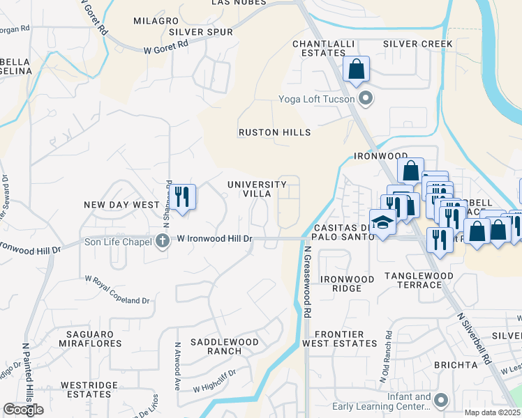 map of restaurants, bars, coffee shops, grocery stores, and more near 2600 West Ironwood Hill Drive in Tucson