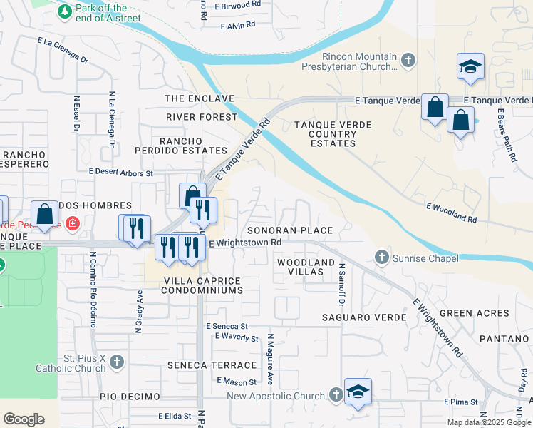 map of restaurants, bars, coffee shops, grocery stores, and more near 2434 North Shade Tree Lane in Tucson