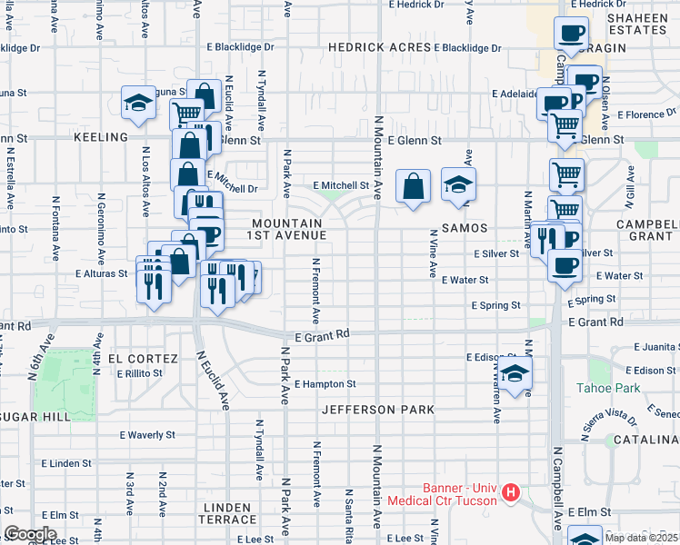 map of restaurants, bars, coffee shops, grocery stores, and more near 1100 East Winnie Place in Tucson