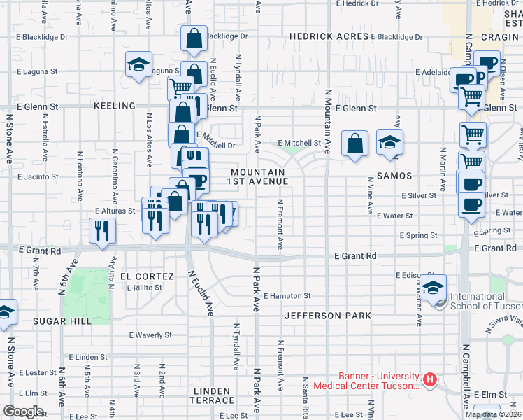 map of restaurants, bars, coffee shops, grocery stores, and more near 1005 East Silver Street in Tucson