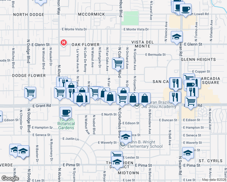 map of restaurants, bars, coffee shops, grocery stores, and more near 2520 North Fair Oaks Avenue in Tucson