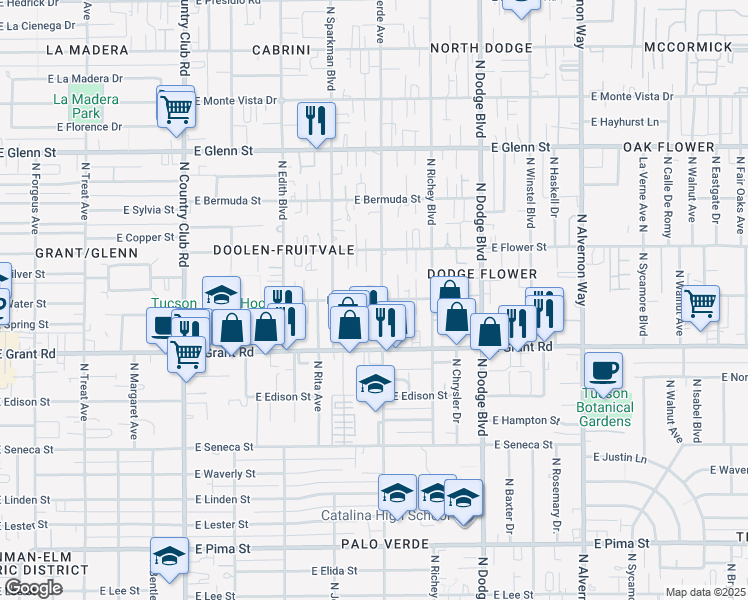 map of restaurants, bars, coffee shops, grocery stores, and more near 3497 East Water Street in Tucson