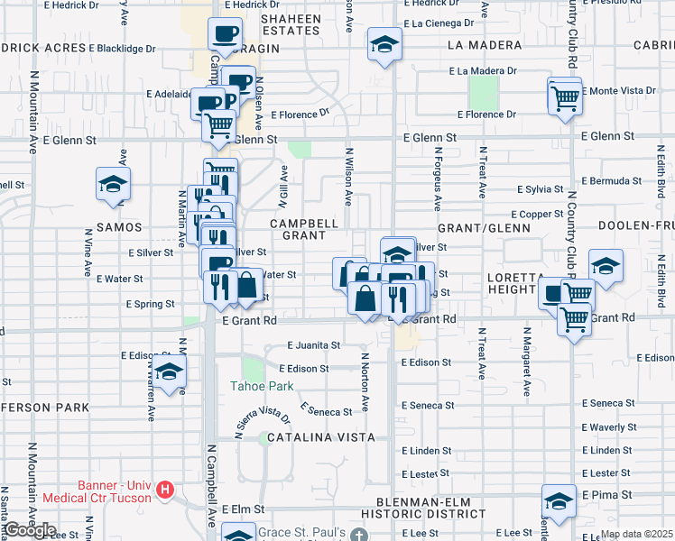 map of restaurants, bars, coffee shops, grocery stores, and more near 2234 East Silver Street in Tucson