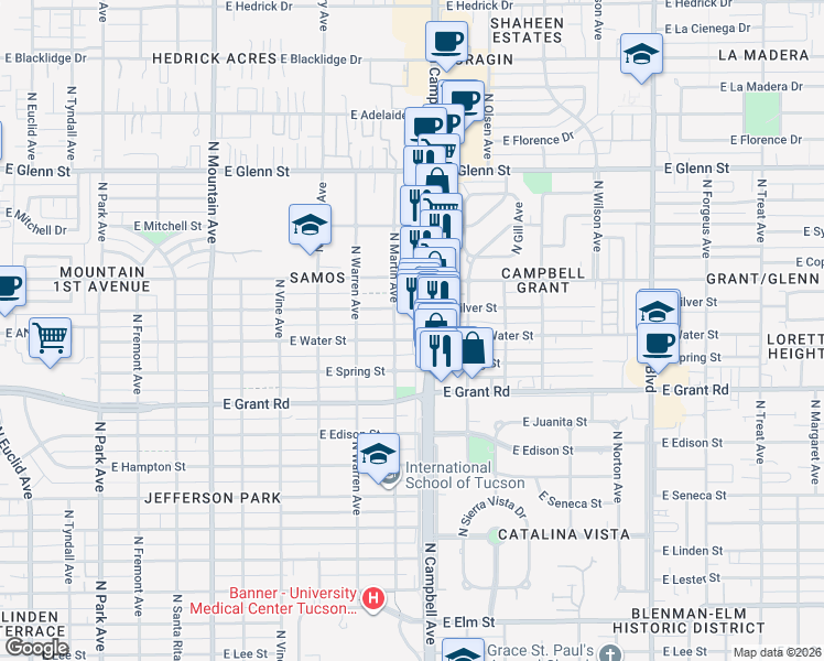 map of restaurants, bars, coffee shops, grocery stores, and more near 2545 North Campbell Avenue in Tucson