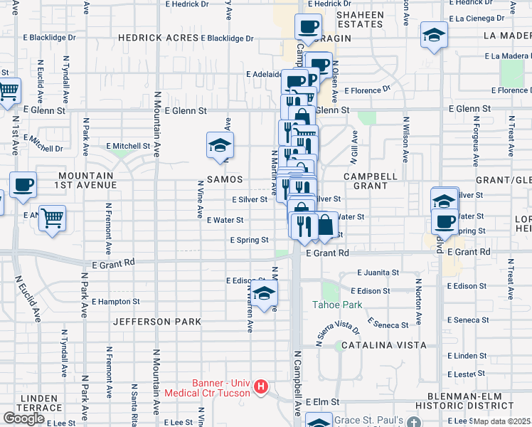 map of restaurants, bars, coffee shops, grocery stores, and more near 1739 East Silver Street in Tucson