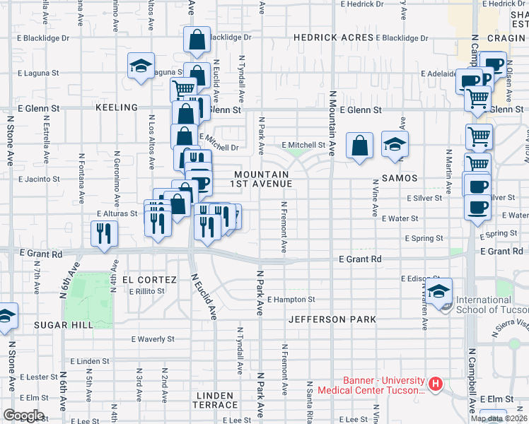 map of restaurants, bars, coffee shops, grocery stores, and more near 1005 East Silver Street in Tucson