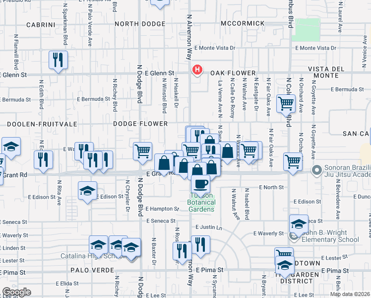 map of restaurants, bars, coffee shops, grocery stores, and more near 2475 North Alvernon Way in Tucson