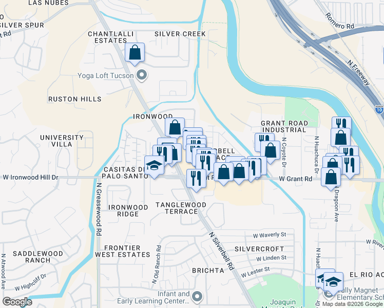 map of restaurants, bars, coffee shops, grocery stores, and more near 2121 West Splitwood Place in Tucson