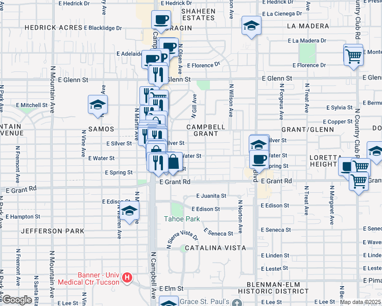 map of restaurants, bars, coffee shops, grocery stores, and more near 2101 East Water Street in Tucson