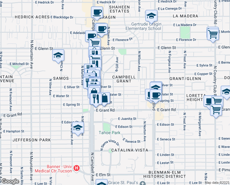 map of restaurants, bars, coffee shops, grocery stores, and more near 2101 East Water Street in Tucson