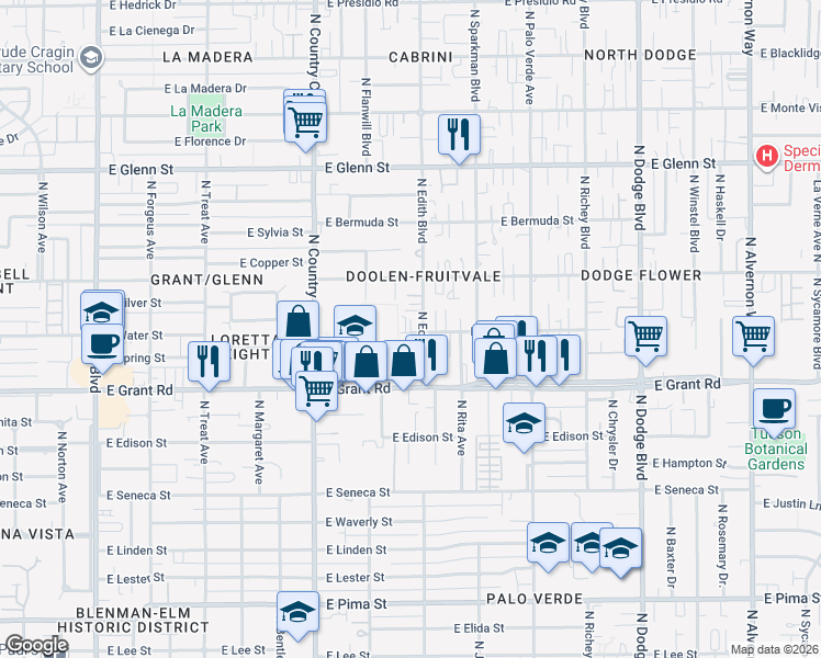 map of restaurants, bars, coffee shops, grocery stores, and more near 3241 East Water Street in Tucson