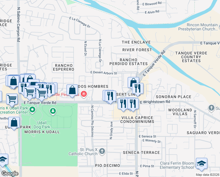 map of restaurants, bars, coffee shops, grocery stores, and more near 2489 North Yellow Flower Trail in Tucson