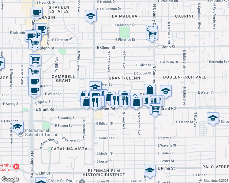map of restaurants, bars, coffee shops, grocery stores, and more near 2721 East Alturas Street in Tucson