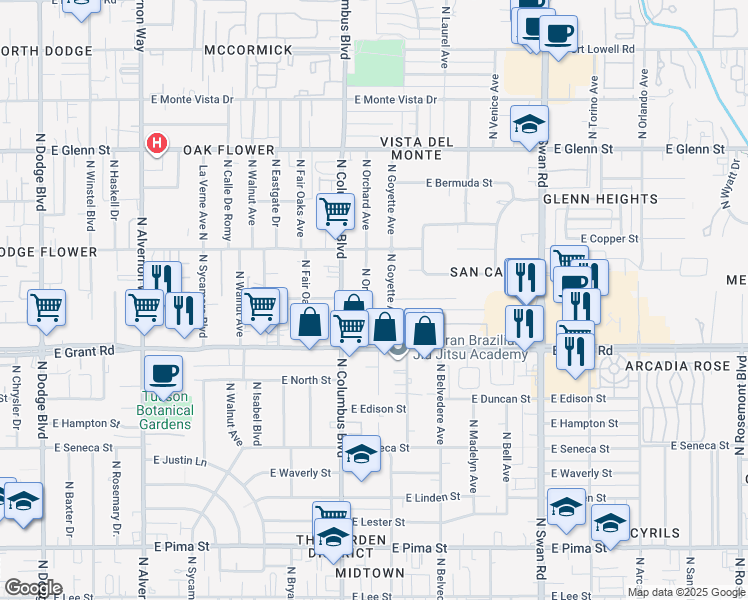 map of restaurants, bars, coffee shops, grocery stores, and more near 2513 North Goyette Avenue in Tucson