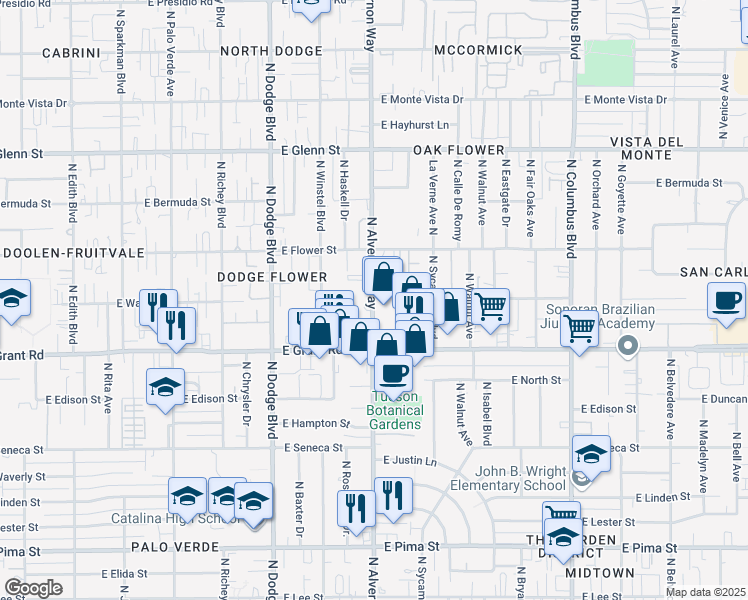 map of restaurants, bars, coffee shops, grocery stores, and more near 2500 North Alvernon Way in Tucson